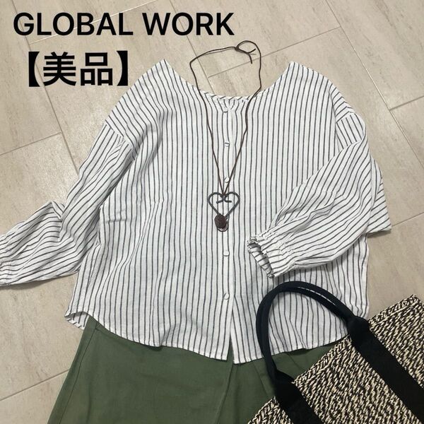 【美品】グローバルワーク 前後2wayリネンシャツ 洗える M ボーダー フレンチリネン 袖口ゴム