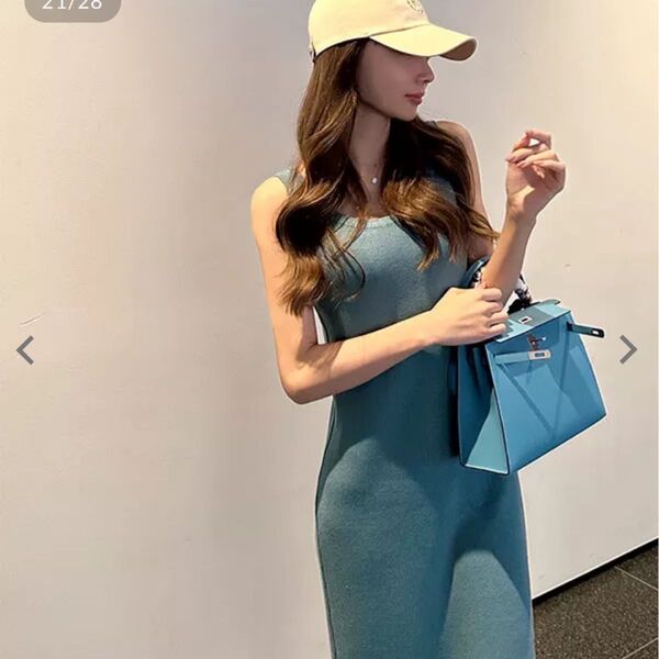 岡部あゆみさんコラボ UVカットコットンレーヨンノースリーブニットワンピース ボディコン M ロング