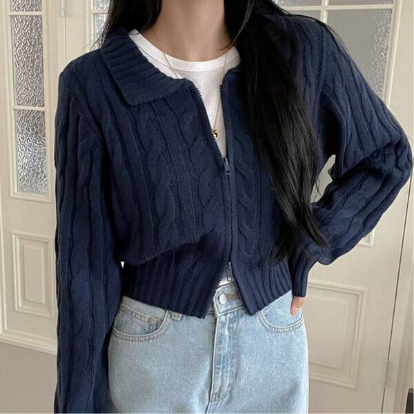 DAZY 襟付きジップアップ クロップドセーター カーディガン長袖 M ニットカーディガン