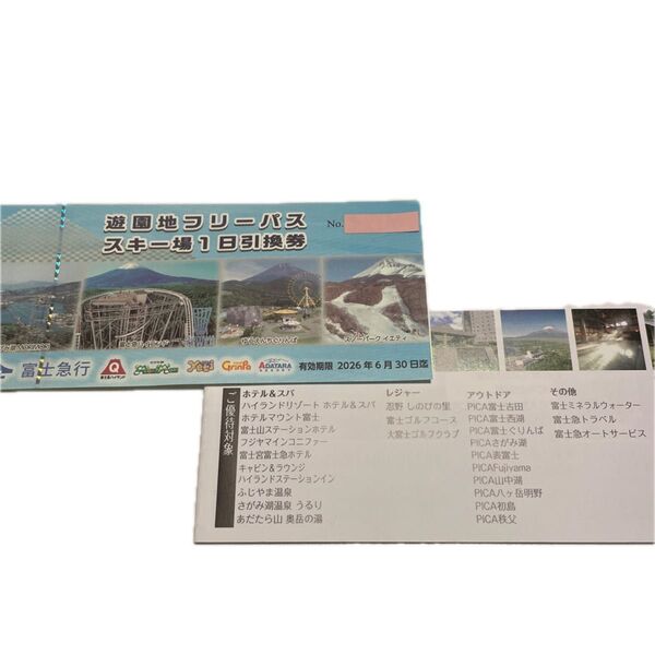 遊園地フリーパス スキー場1日引換券1枚 プラスおまけ割引券