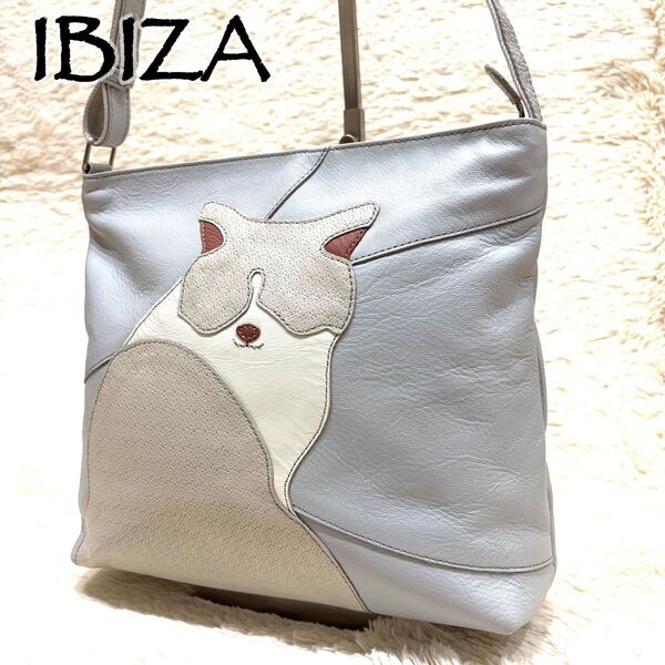 希少 IBIZA イビサ ショルダーバッグ レザー 猫 パッチワーク グレー 斜め掛け クロスボディ