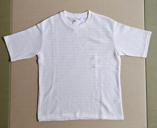 GU メッシュテクスチャークルーネックTシャツ5分袖 ホワイト S 未使用