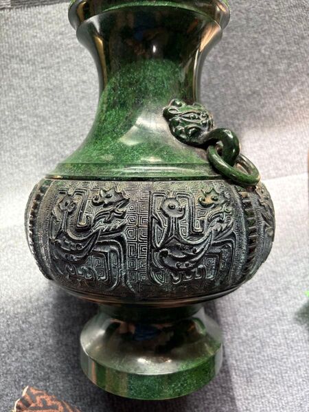 唐物◆時代物 饕餮紋 双耳大花瓶環付き 花器 花瓶 金属工芸 銅製