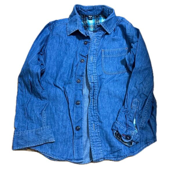 ユニクロ キッズ 130 デニムシャツ 男の子 女の子 長袖シャツ 古着 BLUE ダンガリーシャツ GU 無印 子ども服