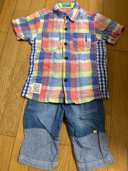 美品 KPチェックシャツ ハッシュハッシュ デニムハーフパンツ 130 セット 子ども服