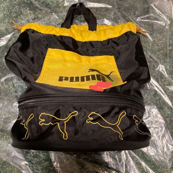 PUMA プールバッグ 巾着バッグ ブラック×イエロー 難あり 訳あり 子供 汚れあり 記名あり