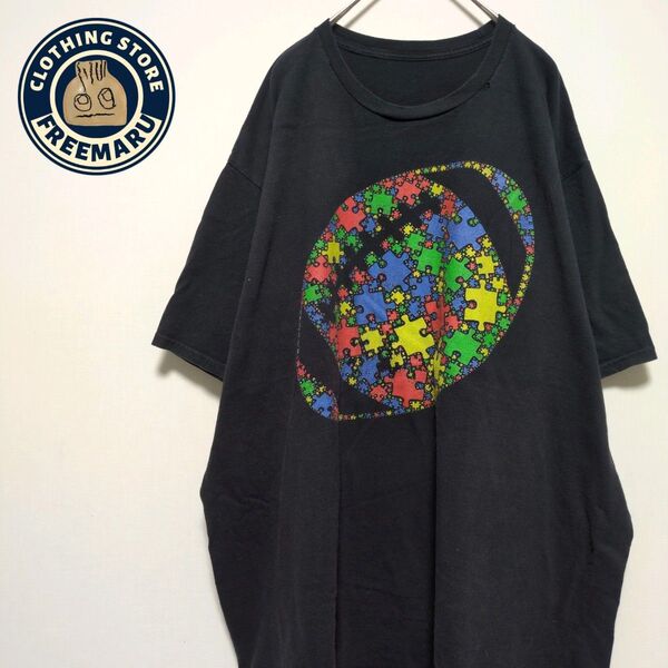 Tシャツ 半袖 プリント パズル マルチカラー 黒 USA古着