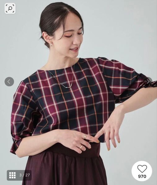 シューラルー 腕周りがキレイに見える 5分袖 ブラウス チェック 赤 レッド ボルドー SHOO・LA・RUE DRESKIP