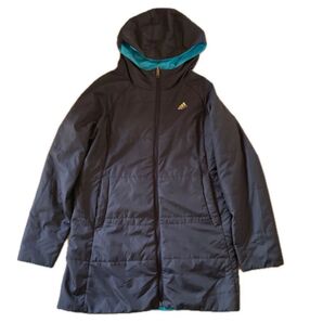 adidas リバーシブルセミロングコート ネイビー/水色 レディースサイズM