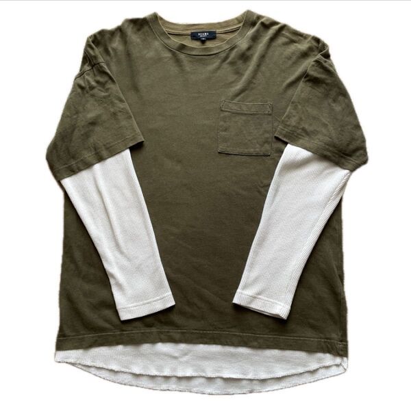 BEAMS HEART ビームス長袖Tシャツ カーキ×オフホワイト メンズサイズM