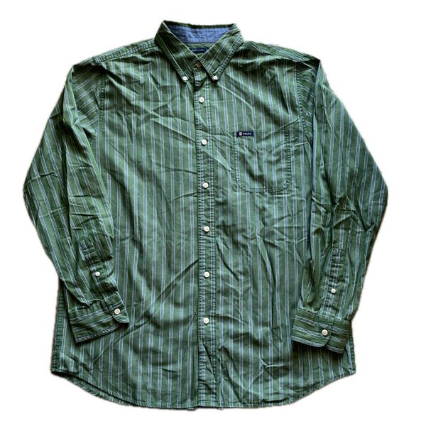 CHAPS ストライプボタン襟シャツ グリーン メンズLサイズ 古着