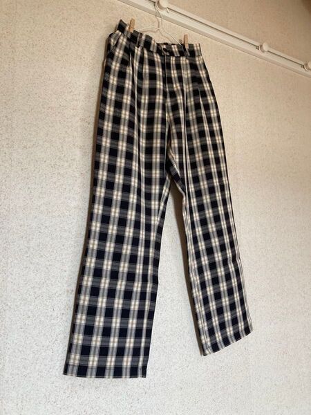 ボトムス パンツ チェック柄 チェックパンツ ウエストゴム 黒色x茶色