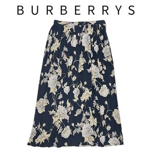 美品 BURBERRYS フラワー プリーツ ミモレ丈 スカート 9 絹 ヴィンテージ バーバリー レア フラワープリント 花柄