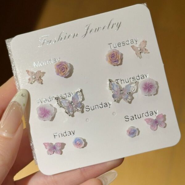 7ペアピアス ラベンダー バタフライ&フラワー レディースアクセs6964