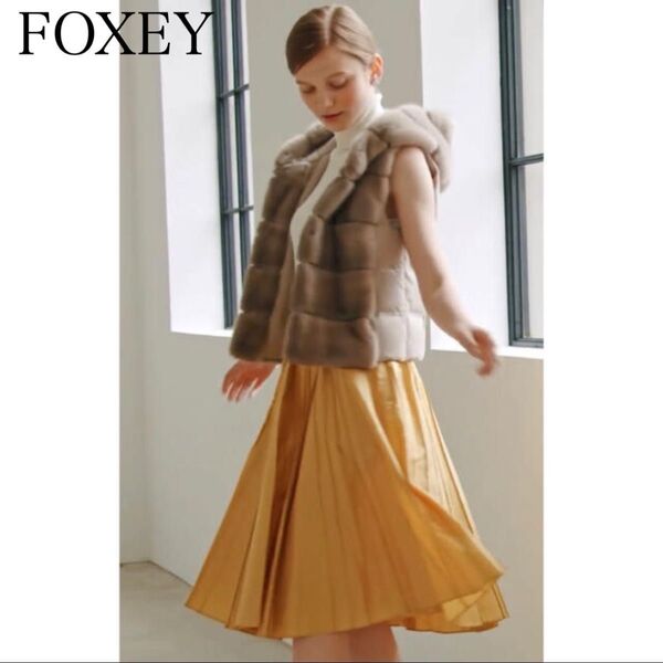 20年 FOXEY フォクシー シルクスカートFANCYCRYSTAL アンティークイエロー 40