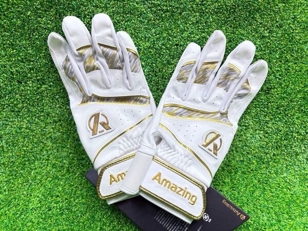 ★数量限定★ アメージング ミノルマン Amazing バッティング手袋 L(26~27cm)ホワイト×ゴールド