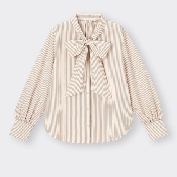 美品 GU ストライプ柄 ボウタイリボン シャツ 長袖