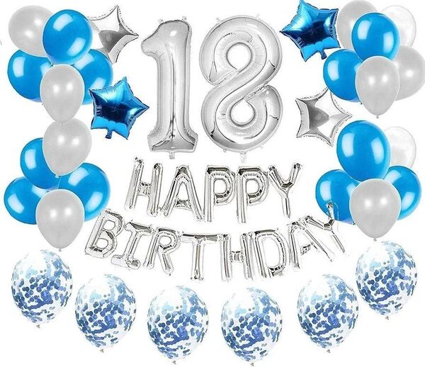 シルバーブルーの18歳誕生日のパーティーバルーン 風船 紙吹雪バルーン