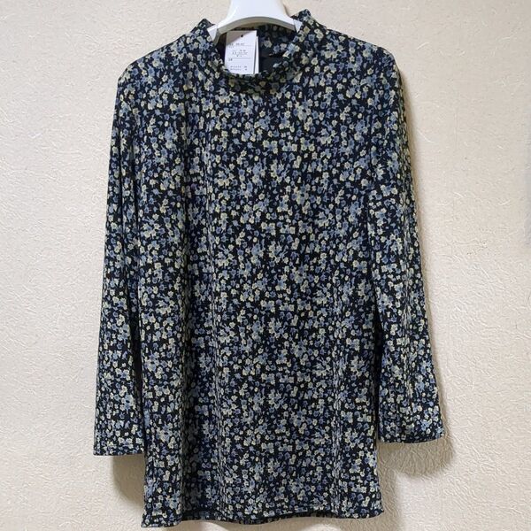 ハイネック チュニック 花柄 ネイビー系 長袖 М-L レディース ミセス カットソー 未使用