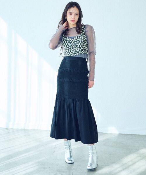 完売品 ELLEgirl シャーリングマーメイドスカート ロングスカート ウエストゴム