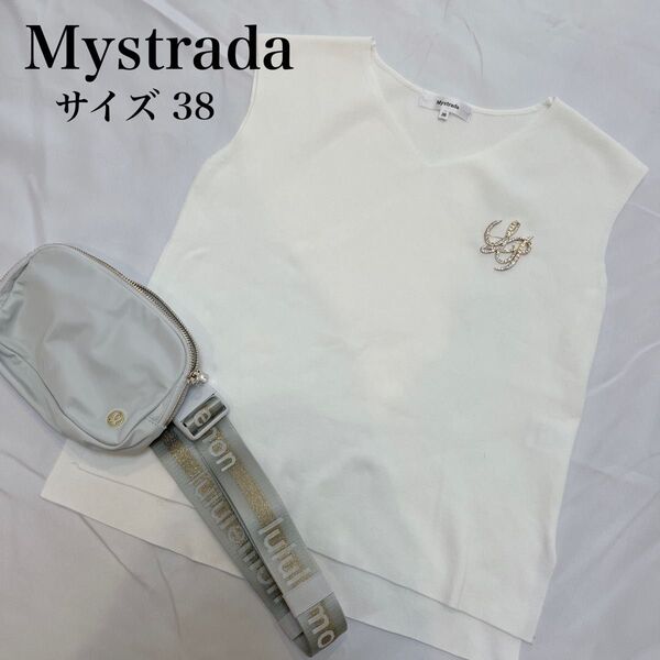 【Mystrada】マイストラーダ サイドスリット入り ノースリーブニット サイズ38 ホワイト