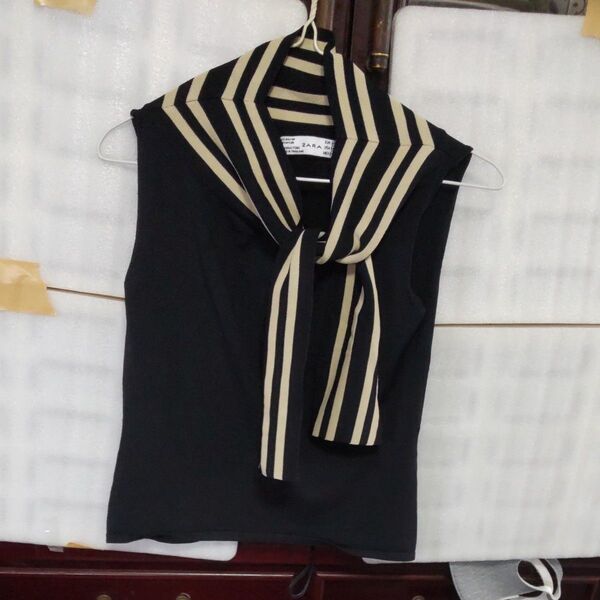 ZARA ノースリーブニット ボーダー柄リボン現状販売