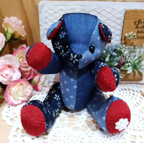 ツギハギぐま こはなちゃん こぐまちゃん テディベア ハンドメイド ぬいぐるみ デニム シーチング レース アップリケ