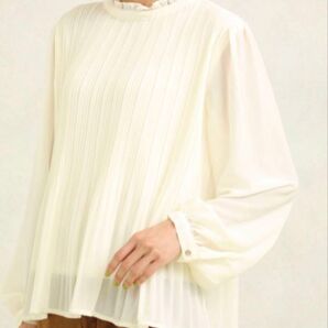 【Human 2nd Occasion】フリルネックバックリボンプリーツシアーブラウス