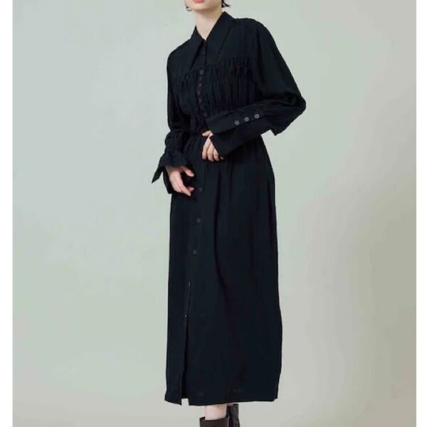 【美品】AKIRANAKAアキラナカ シャーリングシャツドレス ロングワンピース ブラック ロング