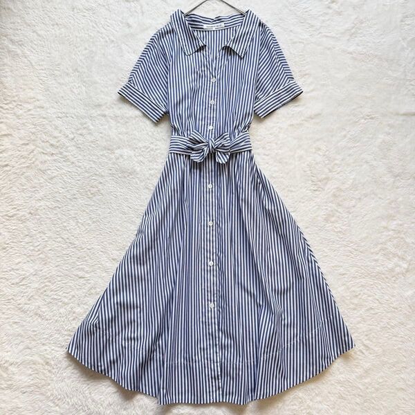 【美品】ストロベリーフィールズ シャツワンピース リボン ミモレ丈 ストライプ ブルー ロングワンピース