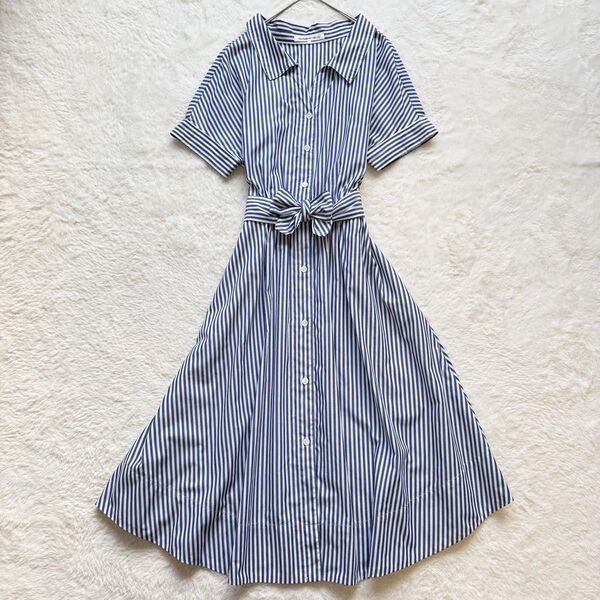 【美品】ストロベリーフィールズ シャツワンピース ウエストリボン ミモレ丈 ストライプ Aライン ウエストゴム