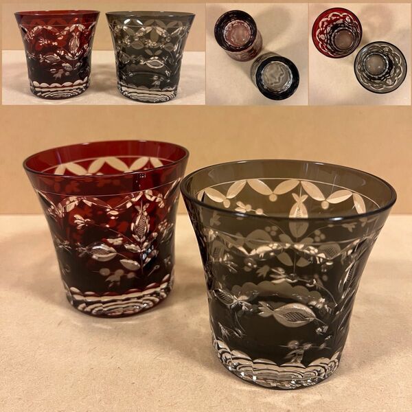 未使用 パティオ オールド ペア ロックグラス 黒 赤 2客 切子 タンブラー 硝子工芸 GLASS WORKS NARUMI