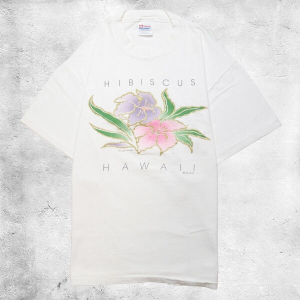 90's Hanes Tシャツ ヘインズ Lサイズ ハイビスカス アートTシャツ シングルステッチ USA製