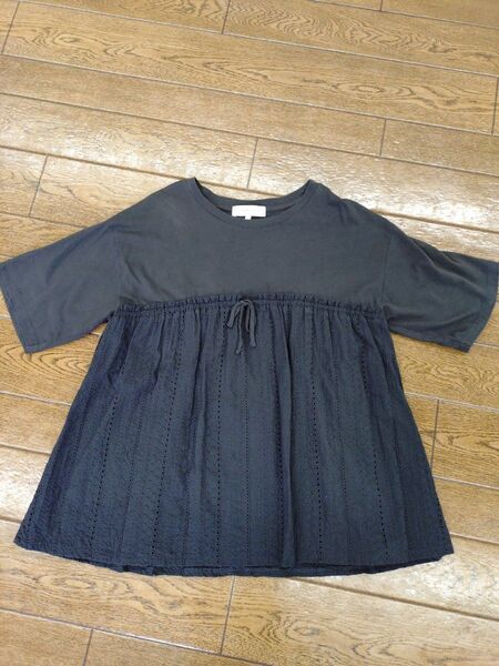 美品/しまむら シーズンリーズン SEASON REASON ダークグレー 半袖チュニック M レース