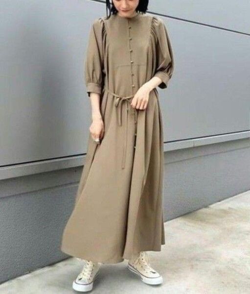 ★未使用品〈BEAMS HEART〉麻調ギャザーワンピース マキシ丈