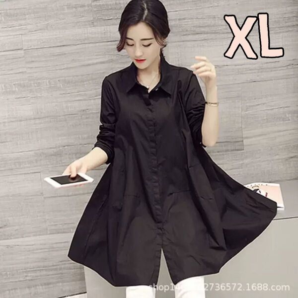 シャツチュニック ワンピース 黒 XL 美シルエット 比翼ボタン ゆったり 薄手 細見え ロング 長袖 7分袖 Aライン 大きめ
