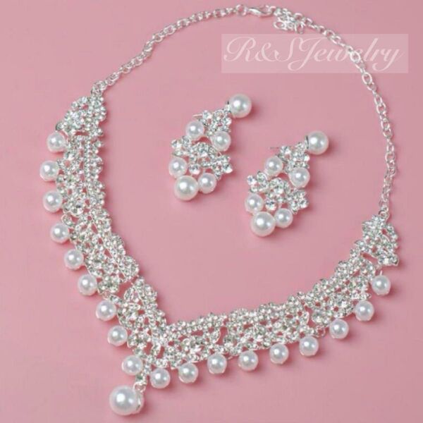 パール 2点セットラインストーン ブライダル ネックレス ピアス ウェディング 結婚式 アクセサリー 前撮り パーティー
