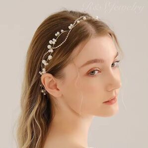 ヘッドドレス ゴールド パールリボン 結婚式 パーティー ブライダルアクセサリーカチューシャ髪飾り