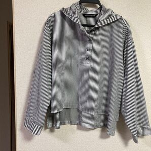 mizuiroindグレーX白ストライプ綿100%★パーカーシャツブラウス★日本製
