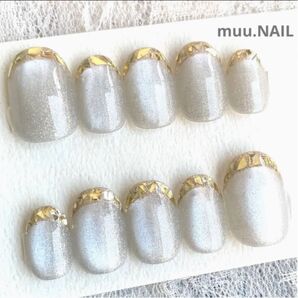 再販 ネイルチップ ちゅるん マグネット ガラスフレンチ 大人可愛い 綺麗め シルキーグレー