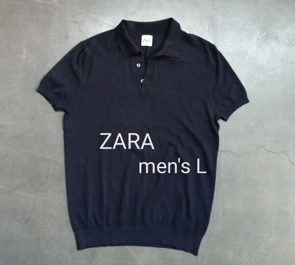 ZARA ザラ 半袖ポロシャツ メンズL ニットポロ ネイビー