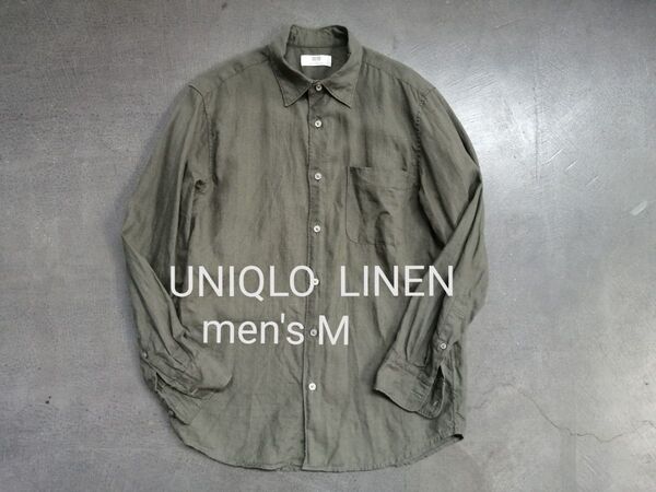 UNIQLO ユニクロ プレミアムリネンシャツ メンズM 長袖シャツ オリーブ、カーキ系 麻100%