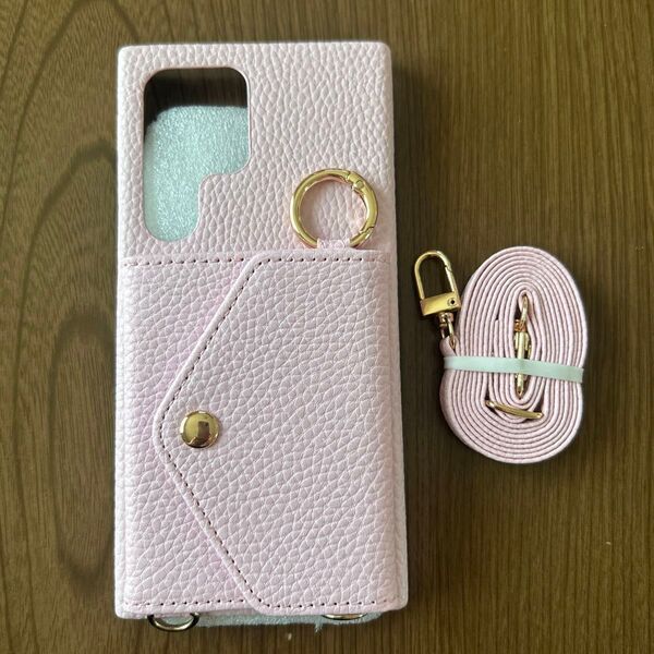 スマホケース ショルダーストラップ付き カード収納 ピンク 新品 Galaxy s24 ultra