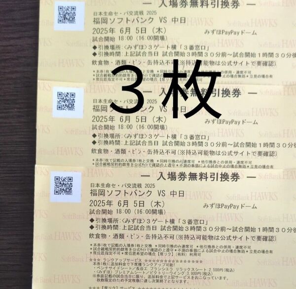 6月5日(木) 福岡ソフトバンクホークスー中日 チケット引換券 3枚