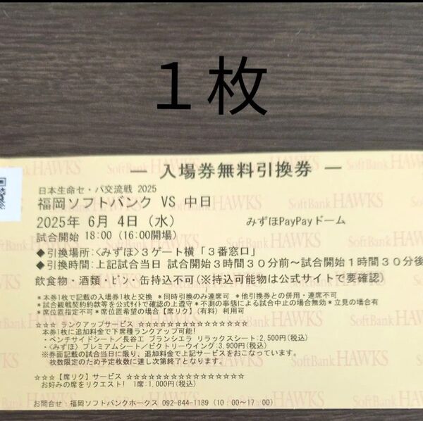 6月4日(水) 福岡ソフトバンクホークスー中日 チケット引換券