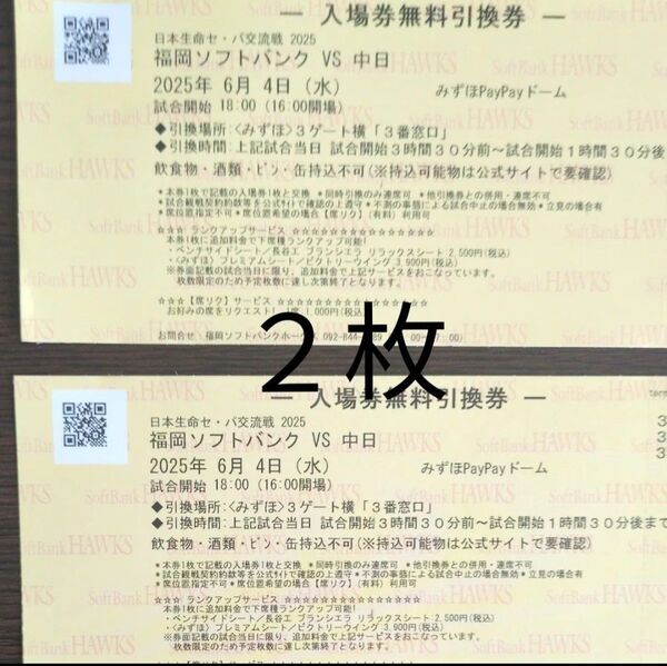 6月4日(水) 福岡ソフトバンクホークスー中日 チケット引換券 2枚