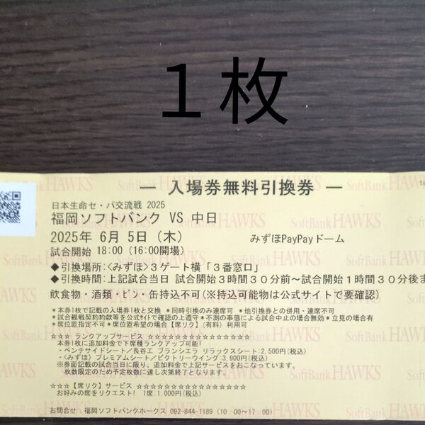 6月5日(木) 福岡ソフトバンクホークスー中日 チケット引換券