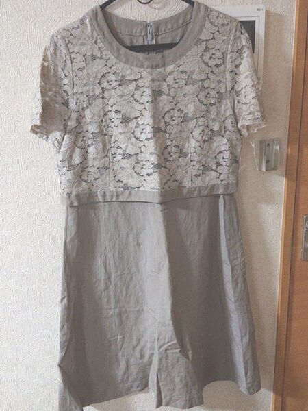 コシノ ヒロコHIROKO KOSHINO グレー レース 半袖 ひざ丈ワンピース S
