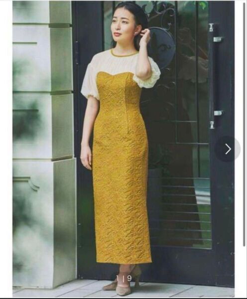 【美品】ラグナムーン LADYジャガード Iラインワンピース M マスタード ロング丈 半袖ワンピース ドレス 結婚式 お呼ばれ