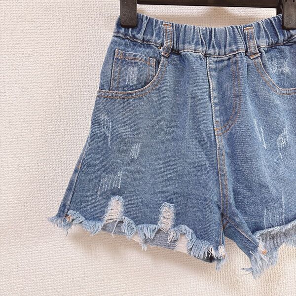 キッズ デニム ショートパンツ ダメージ加工 切りっぱなし ショーパン 夏服 子ども服 ブルー デニムパンツ